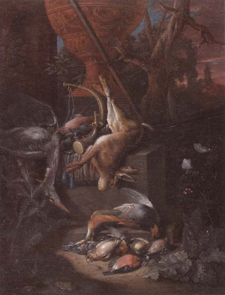 A game still life of a hung hare,a brace of birds,a shotgun,hunting horn,and other objects,all arranged on a stone plinth and set in a landscape